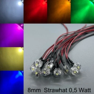 verkabelt 8mm LEDs Strawhat 200° 0,5 Watt alle Farben 8 mm LED Widerstände - Изображение 1 из 3
