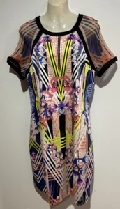 Colourful Short Sheer Sleeve Lined Cotton Dress/ Black Contrast Size18 NWT - Picture 1 of 9