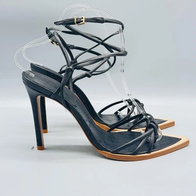 Schutz Sandals Womens 8 Black Leather Ankle Wrap Strappy Lace Up Stiletto Heels - Image 1 of 4