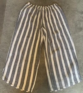 FLAX Striped Linen Pants Lagenlook Cropped Pull-on Pockets Size XL - Picture 1 of 7