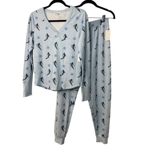 PJ Salvage Ski Skier Snowflake Pajama Set Women's M Blue Cozy Lounge Sleep (A) - Picture 1 of 7