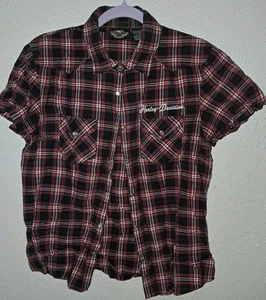 Harley Davidson Damenhemd rot und schwarz kariert Perlen Druckknopf bestickt Größe L - Bild 1 von 9