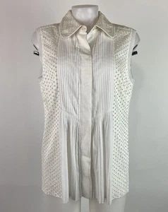 Tory Burch Size 12 Ivory Durell Sleeveless Eyelet Top Button Front Pleated - Picture 1 of 9