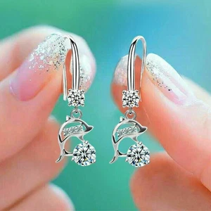 1.50 Ct Round Simulated Diamond 925 Sterling Silver Dolphin Drop/Dangle Earrings - Picture 1 of 3