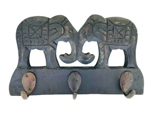 Vintage Wooden Primitive Pair of Elephants Key Hanger Décor Metal Hooks 23cm - Picture 1 of 9
