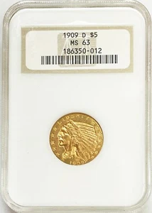 1909 D GOLD US $5 DOLLAR INDIAN HEAD HALF EAGLE COIN NGC MINT STATE 63 - Picture 1 of 2