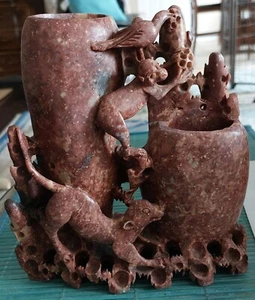 ANTIQUE CHINESE 2 WELL HAND CARVED SOAPSTONE BRUSH POT MONKEY DOG BIRD - Picture 1 of 12
