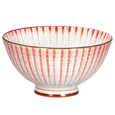 Tazón de sopa de arroz japonés 4,5"D porcelana roja líneas Nami Tokusa hecho en Japón Foto 1 de 4