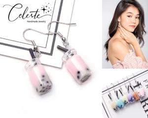 Boba Bubble Tea Drink Earrings Resin Handmade Dangle Earring Gift Kids Teens - Foto 1 di 9