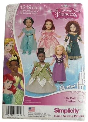 Simplicity Pattern 1219 Disney Princess Doll Clothes Jasmine Ariel Rapunzel - Image 1 of 3