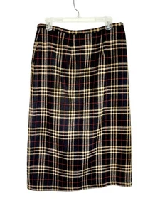 VTG Wool Blend Plaid Skirt Women SZ 16 P  Black Red Tan Midi Skirt Sag Harbor - Picture 1 of 13
