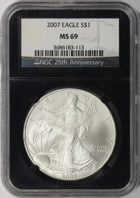 American Silver Eagle 2007 $1 NGC MS69 25 aniversario Foto 1 de 2