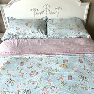 POTTERY BARN Leela Blue Pink Floral Butterfly Full Queen Duvet Cover And 2 Shams - Picture 1 of 13