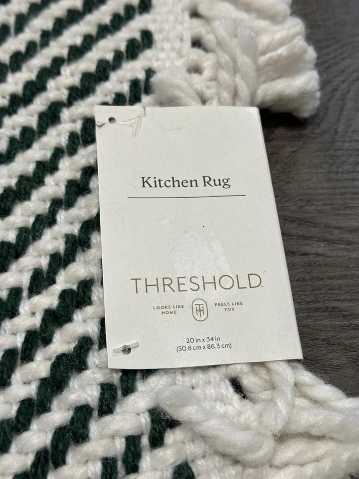 Threshold Kitchen Rug Green & White Striped with Fringes 20" X 34" - Image 1 of 3