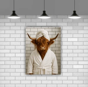 Highland Kuh Bademantel Badezimmer bedruckt Leinwand Wandbild massiver Rahmen fertig zum Aufhängen - Bild 1 von 8