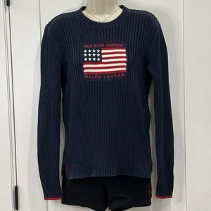 Polo Ralph Lauren Sweater American Flag Ribbed Crewneck Blue Large Vintage Rare - Picture 1 of 7