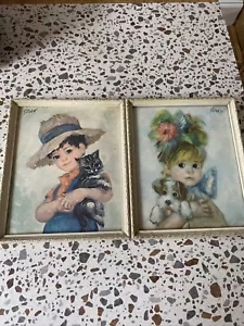 John Strev Vintage Retro 1960s Print Boy With Kitten & Girl With Puppy Kitsch - Picture 1 of 8