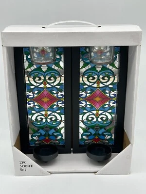 2 apliques de pared con velas de espejo estilo vitral de MRL Home Styles Foto 1 de 4