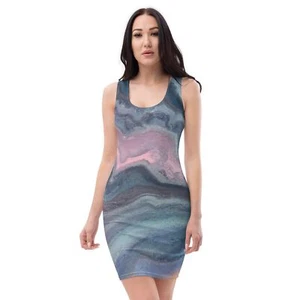 Womens Stretch Fit Bodycon Dress - Blue Pink Marble Swirl Print - Picture 1 of 9