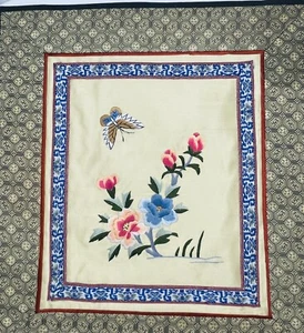 FLOWERS BUTTERFLY VINTAGE EMBROIDERED CHINESE SILK PANEL WITH TAGS - Picture 1 of 4