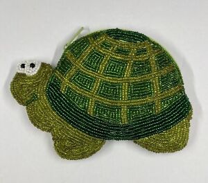 Vintage Green Turtle Tortoise Beaded Change Coin Purse Pouch Wallet Bag