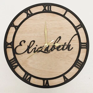 black personalised laser cut wood wooden wall clock door name word number letter - Picture 1 of 12