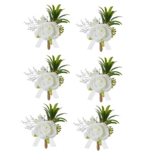 Pack of 6 White Artificial Rose Boutonniere Pin Wedding Groomsmen Accessories - Picture 1 of 8