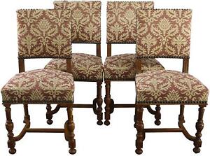 1930 Vintage French Country Dining Chairs Set 4, Walnut Red/White/Cream