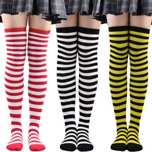 Over The Knee High Socks Striped Ladies Girls Women Cheerleader Pair Stripe NEW - Picture 1 of 45