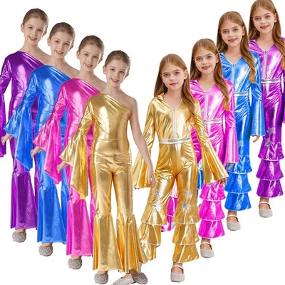 Kids Metallic Long Sleeve Retro 1970s Disco Cosplay Costume Performance Jumpsuit - Image 1 of 2