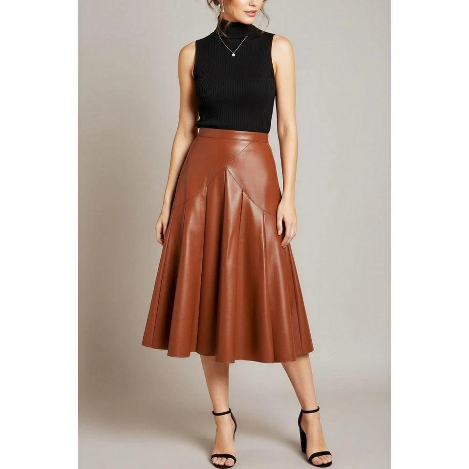 Saia Midi de Couro Sintético MAEVE x ANTHROPOLOGIE Mariska $130 Nova com etiquetas, Marrom, 8 (EUA) - Imagem 1 de 4