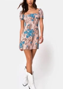 NEW MOTEL ROCKS Lonma Mini Dress In Jungle Flower Blue Cream Size M - Picture 1 of 11