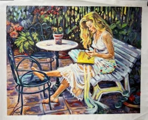 Sebastia Boada Rebeca Reading Hand Signed Limited Embellished Giclee on Canvas - Picture 1 of 3