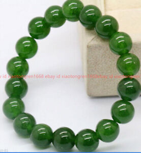 Natural 10mm Dark Green Jade Round Gemstone Beads Stretchy Bangle Bracelet 7.5''