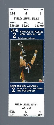 JOHN ELWAY FINAL SEASON 1998 NFL GREEN BAY PACKERS @ DENVER BRONCOS FULL TICKET Cover