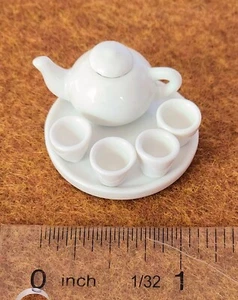 MINIATURE WHITE 7 pc. CERAMIC TEA SET CUPS, POT w/LID, PLATE, MODERN STYLE Tiny - Picture 1 of 5