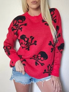 NWT Red Halloween skeleton Skull gothic emo punk knit slouch Sweater top M - Picture 1 of 3