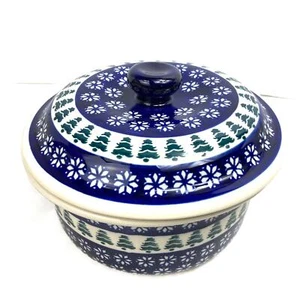 Quart dish with cover Polish Pottery Snowflakes Trees hand crafted and painted - Picture 1 of 5