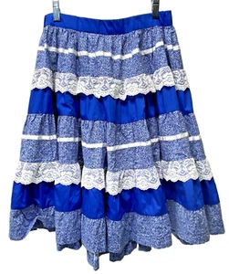 Handmade Blue Tiered Clogging Square Dance Skirt with Lace & Eyelet Underskirt - Picture 1 of 17