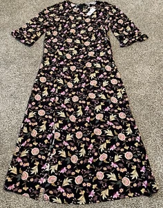 NWT LOFT Womens Black Floral Maxi Dress 3/4 Sleeves Front Slit sz 6 - Picture 1 of 8