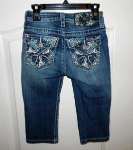 Girl's Miss Me Bermuda Jeans Shorts Capris w/White Crosses & Rhinestones Size 8 - Picture 1 of 3