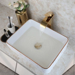 White Bathroom Vessel Sink Rectangular Ceramic Sink Basin Bowl Gold Faucet Drain - Picture 1 of 7