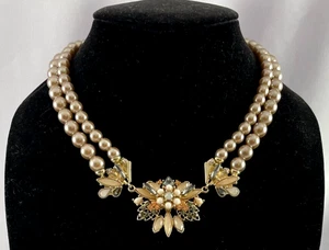 The Limited Cream Gold Faux Pearl Rhinestone Cluster Double Strand Necklace - Picture 1 of 9