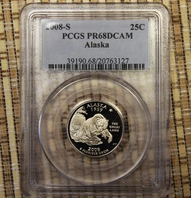 PCGS GRADED DEEP CAMEO PROOF PR68 2008-S ALASKA STATE QUARTER - Image 1 of 2
