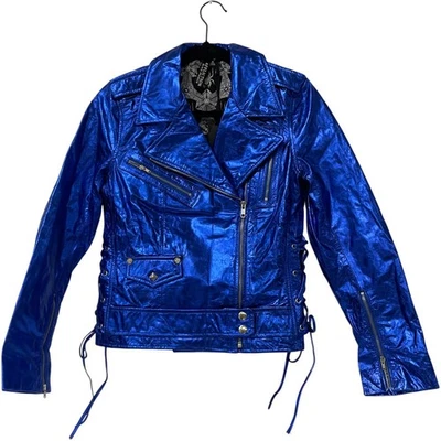 Chaqueta de Motociclista Punk con Cordones Azul Metálico Premium Negra Affliction M NUEVA Foto 1 de 4