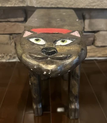 Taburete de mesa de madera pintada a mano de gato arte popular tallado de colección Foto 1 de 4