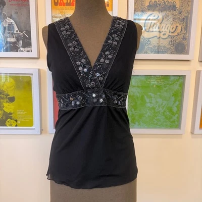 Y2K Black Sleeveless Embroidered Bead Sequin V-Neck Tie Waist Top - Image 1 of 4