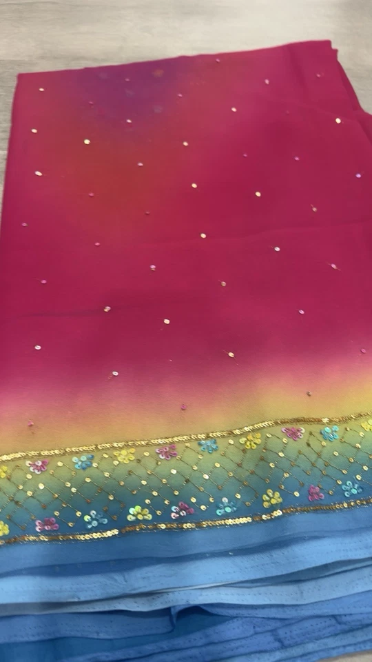 Pure Chiffon, Pink And Multicolor Hand Work Saree With Stitched Blouse - Image 1 of 4