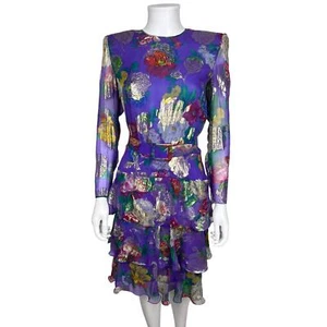 Vintage 80s Floral Lame Dress Serge & Real Montreal Couture - Picture 1 of 11
