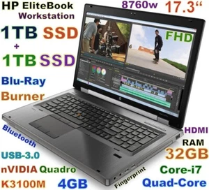 Workstation HP 8760w 17.3" i7-Quad FAST 2TB SSD Blue-RAY 32GB Quadro K3100M 4GB - Picture 1 of 13